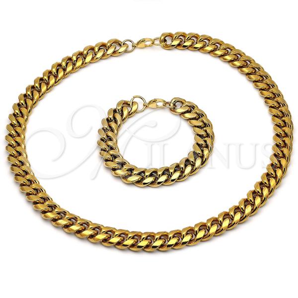 Stainless Steel Necklace and Bracelet, Miami Cuban Design, Polished, Golden Finish, 06.116.0034.1