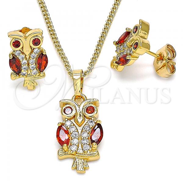 Oro Laminado Earring and Pendant Adult Set, Gold Filled Style Owl Design, with Garnet Cubic Zirconia and White Micro Pave, Polished, Golden Finish, 10.210.0123