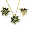 Oro Laminado Earring and Pendant Adult Set, Gold Filled Style Flower Design, with Green and White Crystal, Polished, Golden Finish, 10.64.0155.3