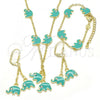 Oro Laminado Earring and Pendant Children Set, Gold Filled Style Elephant Design, with White Crystal, Turquoise Enamel Finish, Golden Finish, 06.60.0006