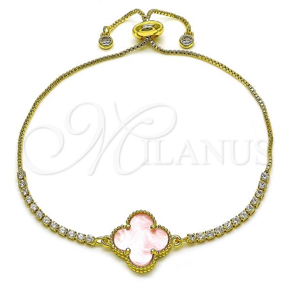 Oro Laminado Adjustable Bolo Bracelet, Gold Filled Style Four-leaf Clover and Box Design, with Pink Mother of Pearl and White Cubic Zirconia, Polished, Golden Finish, 03.341.0235.2.11