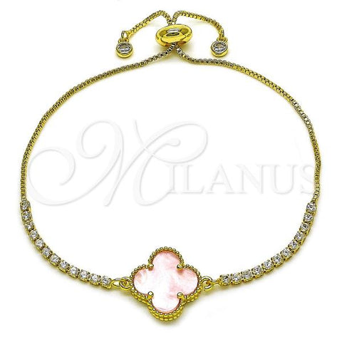 Oro Laminado Adjustable Bolo Bracelet, Gold Filled Style Four-leaf Clover and Box Design, with Pink Mother of Pearl and White Cubic Zirconia, Polished, Golden Finish, 03.341.0235.2.11