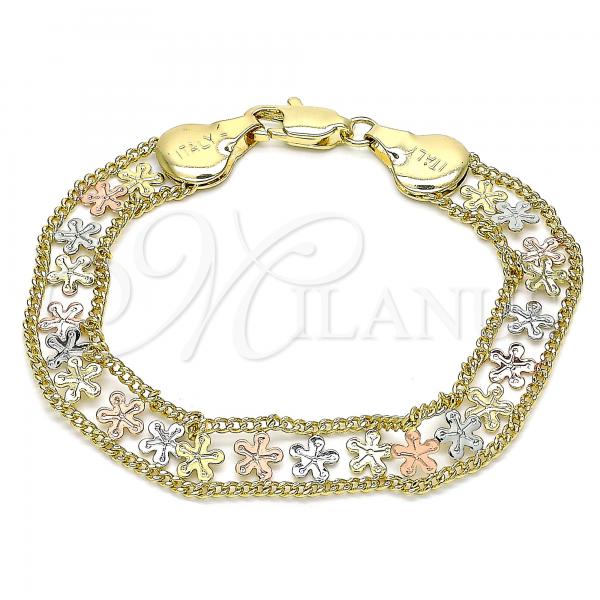 Oro Laminado Fancy Bracelet, Gold Filled Style Flower Design, Polished, Tricolor, 03.380.0077.08