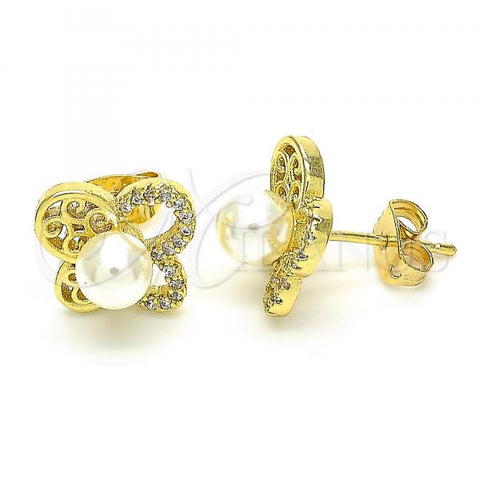 Oro Laminado Stud Earring, Gold Filled Style Butterfly and Ball Design, with White Cubic Zirconia and Ivory Pearl, Polished, Golden Finish, 02.156.0345