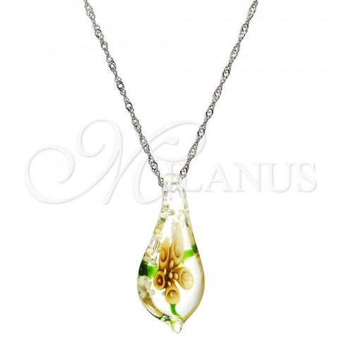 Gold Tone Pendant Necklace, Flower Design, with White Azavache, Polished, Rhodium Finish, 04.276.0019.18.GT