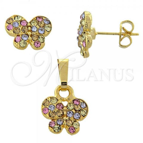 Oro Laminado Earring and Pendant Adult Set, Gold Filled Style Butterfly Design, with Multicolor Crystal, Polished, Golden Finish, 10.164.0029.1