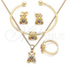Oro Laminado Earring and Pendant Children Set, Gold Filled Style Teddy Bear and Heart Design, with Multicolor Micro Pave, Polished, Golden Finish, 06.210.0021.1