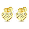 Oro Laminado Stud Earring, Gold Filled Style Heart Design, with White Micro Pave, Polished, Golden Finish, 02.156.0490