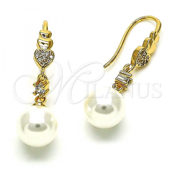 Oro Laminado Long Earring, Gold Filled Style Heart Design, with White Micro Pave and White Cubic Zirconia, Polished, Golden Finish, 02.387.0107