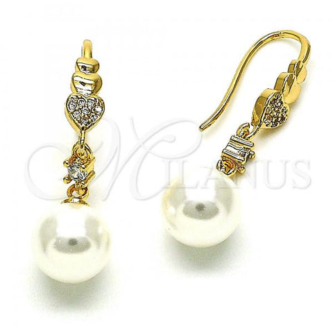 Oro Laminado Long Earring, Gold Filled Style Heart Design, with White Micro Pave and White Cubic Zirconia, Polished, Golden Finish, 02.387.0107