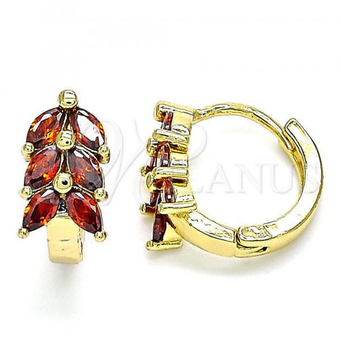 Oro Laminado Huggie Hoop, Gold Filled Style Leaf Design, with Garnet Cubic Zirconia, Polished, Golden Finish, 02.210.0489.1.15