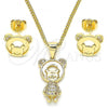 Oro Laminado Earring and Pendant Adult Set, Gold Filled Style Teddy Bear Design, with White Micro Pave, Polished, Golden Finish, 10.156.0234