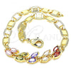 Oro Laminado Fancy Bracelet, Gold Filled Style Leaf Design, with Multicolor Cubic Zirconia, Polished, Golden Finish, 03.63.2128.2.08