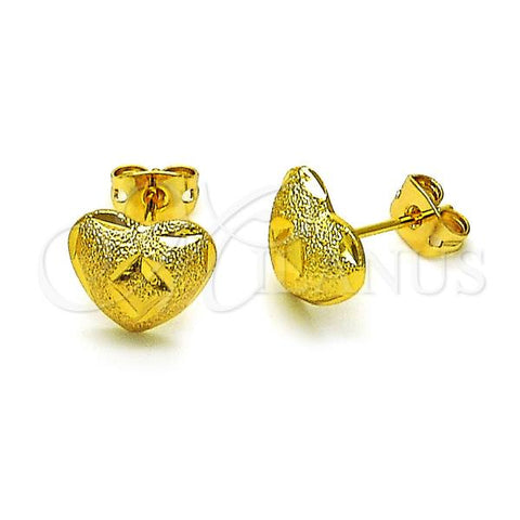 Oro Laminado Stud Earring, Gold Filled Style Heart and Leaf Design, Diamond Cutting Finish, Golden Finish, 02.342.0278