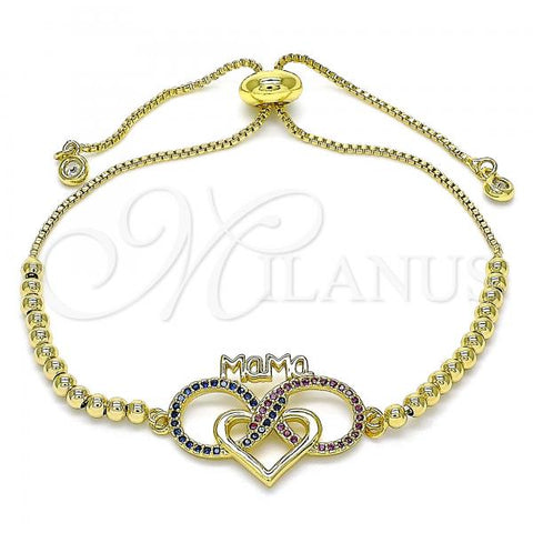 Oro Laminado Adjustable Bolo Bracelet, Gold Filled Style Heart and Infinite Design, with Ruby and Sapphire Blue Micro Pave, Polished, Golden Finish, 03.341.0156.10