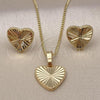 Oro Laminado Earring and Pendant Adult Set, Gold Filled Style Heart Design, Diamond Cutting Finish, Golden Finish, 10.413.0002