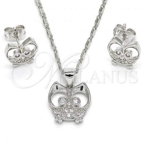 Rhodium Plated Earring and Pendant Adult Set, Owl Design, with White Cubic Zirconia, Polished, Rhodium Finish, 10.156.0093