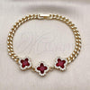 Oro Laminado Fancy Bracelet, Gold Filled Style Four-leaf Clover and Miami Cuban Design, with Garnet Cubic Zirconia and White Micro Pave, Polished, Golden Finish, 03.283.0434.1.07