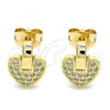 Oro Laminado Stud Earring, Gold Filled Style Heart Design, with White Micro Pave, Polished, Golden Finish, 02.342.0095