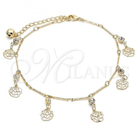 Oro Laminado Charm Anklet , Gold Filled Style Flower and Rattle Charm Design, with White Crystal, Polished, Golden Finish, 03.213.0108.10