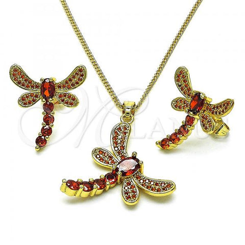 Oro Laminado Earring and Pendant Adult Set, Gold Filled Style Dragon-Fly Design, with Garnet Cubic Zirconia, Polished, Golden Finish, 10.316.0034.5
