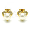 Oro Laminado Stud Earring, Gold Filled Style Heart Design, with Ivory Pearl and White Micro Pave, Polished, Golden Finish, 02.342.0225