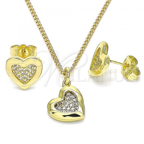 Oro Laminado Earring and Pendant Adult Set, Gold Filled Style Heart Design, with White Micro Pave, Polished, Golden Finish, 10.199.0155