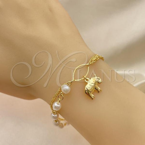 Oro Laminado Charm Bracelet, Gold Filled Style Elephant and Ball Design, with Ivory Pearl, Polished, Golden Finish, 03.32.0580.07