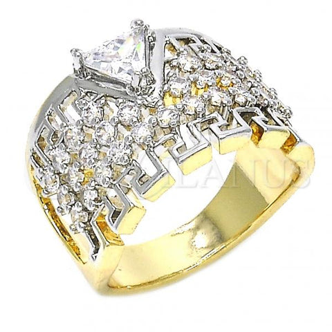 Oro Laminado Multi Stone Ring, Gold Filled Style Greek Key Design, with White Cubic Zirconia, Polished, Two Tone, 01.210.0072.08 (Size 8)