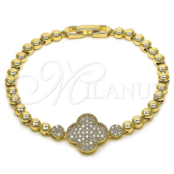 Oro Laminado Fancy Bracelet, Gold Filled Style Four-leaf Clover Design, with White Cubic Zirconia, Polished, Golden Finish, 03.283.0429.07