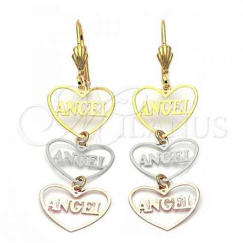 Oro Laminado Long Earring, Gold Filled Style Heart and Angel Design, Polished, Tricolor, 5.113.017