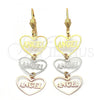 Oro Laminado Long Earring, Gold Filled Style Heart and Angel Design, Polished, Tricolor, 5.113.017