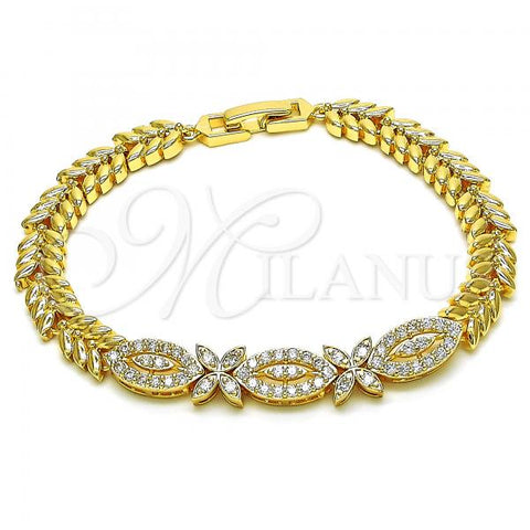 Oro Laminado Fancy Bracelet, Gold Filled Style Evil Eye and Flower Design, with White Micro Pave, Polished, Golden Finish, 03.346.0015.07