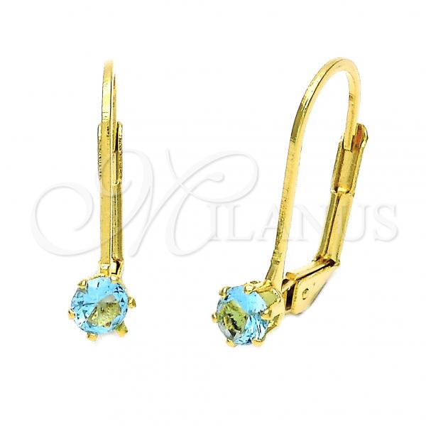 Oro Laminado Leverback Earring, Gold Filled Style with Aqua Blue Cubic Zirconia, Polished, Golden Finish, 5.128.107