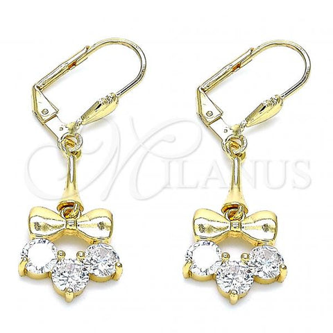 Oro Laminado Long Earring, Gold Filled Style Bow Design, with White Cubic Zirconia, Polished, Golden Finish, 02.387.0065
