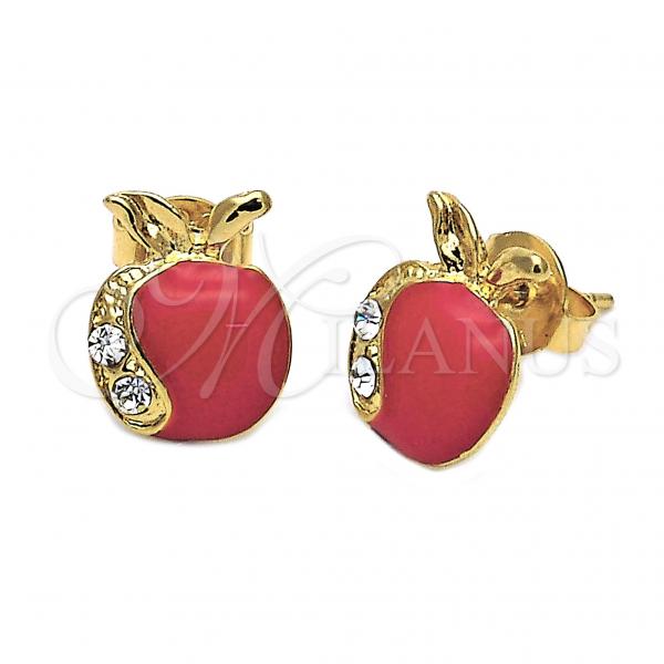 Oro Laminado Stud Earring, Gold Filled Style Apple Design, with White Crystal, Red Enamel Finish, Golden Finish, 02.64.0207