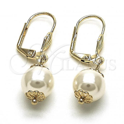 Oro Laminado Dangle Earring, Gold Filled Style Ball Design, with Ivory Pearl, Polished, Golden Finish, 02.63.2754