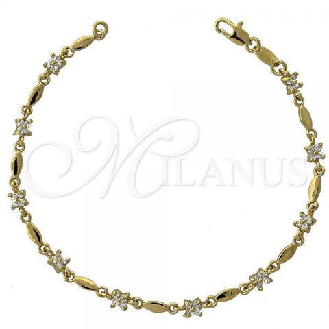 Oro Laminado Fancy Bracelet, Gold Filled Style Flower and Leaf Design, with White Cubic Zirconia, Polished, Golden Finish, 5.030.010