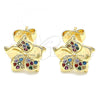 Oro Laminado Stud Earring, Gold Filled Style Flower Design, with Multicolor Micro Pave, Polished, Golden Finish, 02.233.0006