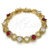 Oro Laminado Tennis Bracelet, Gold Filled Style Greek Key Design, with Ruby and White Cubic Zirconia, Polished, Golden Finish, 03.210.0073.2.08