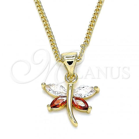 Oro Laminado Pendant Necklace, Gold Filled Style Dragon-Fly Design, with Garnet and White Cubic Zirconia, Polished, Golden Finish, 04.213.0208.24