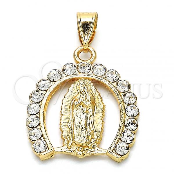 Oro Laminado Religious Pendant, Gold Filled Style Guadalupe Design, with White Crystal, Polished, Golden Finish, 05.253.0054
