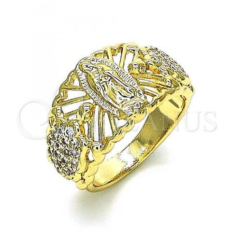 Oro Laminado Multi Stone Ring, Gold Filled Style Guadalupe and Turtle Design, with White Cubic Zirconia, Polished, Golden Finish, 01.380.0027.08