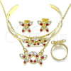 Oro Laminado Necklace, Bracelet, Earring and Ring, Gold Filled Style Butterfly Design, with Garnet and White Crystal, Polished, Golden Finish, 06.361.0032.1