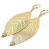 Oro Laminado Dangle Earring, Gold Filled Style Leaf and Filigree Design, with White Crystal, Polished, Golden Finish, 65.001