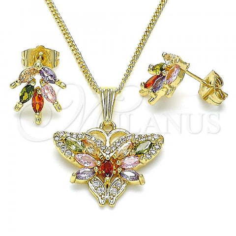 Oro Laminado Earring and Pendant Adult Set, Gold Filled Style Butterfly Design, with Multicolor Cubic Zirconia and White Micro Pave, Polished, Golden Finish, 10.210.0134.2