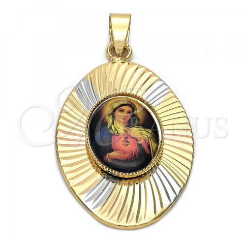 Oro Laminado Religious Pendant, Gold Filled Style Sagrado Corazon de Maria Design, Diamond Cutting Finish, Tricolor, 5.196.017