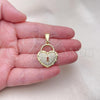 Oro Laminado Fancy Pendant, Gold Filled Style Heart and key Design, with White Micro Pave, Polished, Golden Finish, 05.411.0025