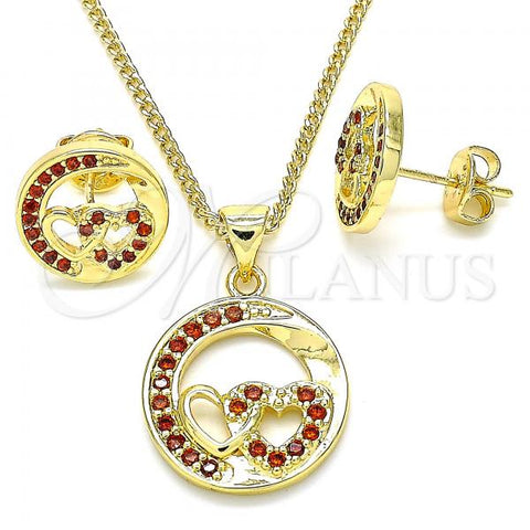 Oro Laminado Earring and Pendant Adult Set, Gold Filled Style Heart Design, with Garnet Micro Pave, Polished, Golden Finish, 10.156.0269.2