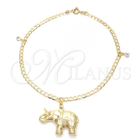 Oro Laminado Charm Anklet , Gold Filled Style Elephant and Concave Cuban Design, Polished, Golden Finish, 03.58.0019.10